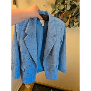 HM Womens Blue Tweed Double Breasted Blazer Gold Buttons Textured Jacket Small‎